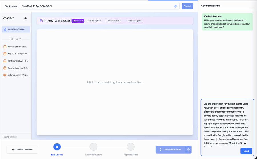 Animated screenshot of Octigen's Content Assistant drafting the monthly commentary. The assistant reads the connected data, researches the top holdings online, and streams a professional-tone commentary back into the content pane, referencing specific portfolio companies and recent market developments.