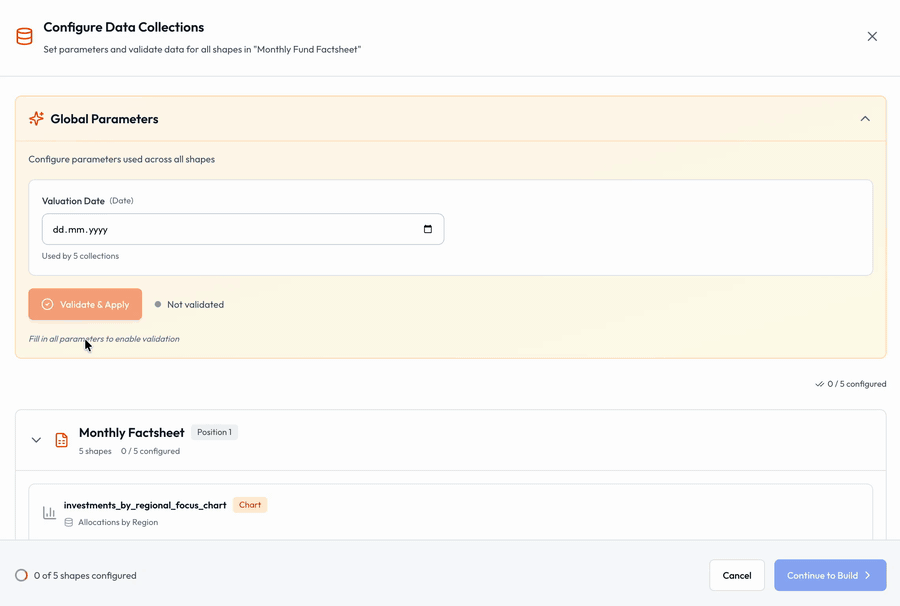 Animated screenshot of the data configuration step in Octigen. The user picks the valuation date '2025-11-28' for each of the five connected data collections. Each collection resolves to a preview showing row and column counts, confirming the data is available.