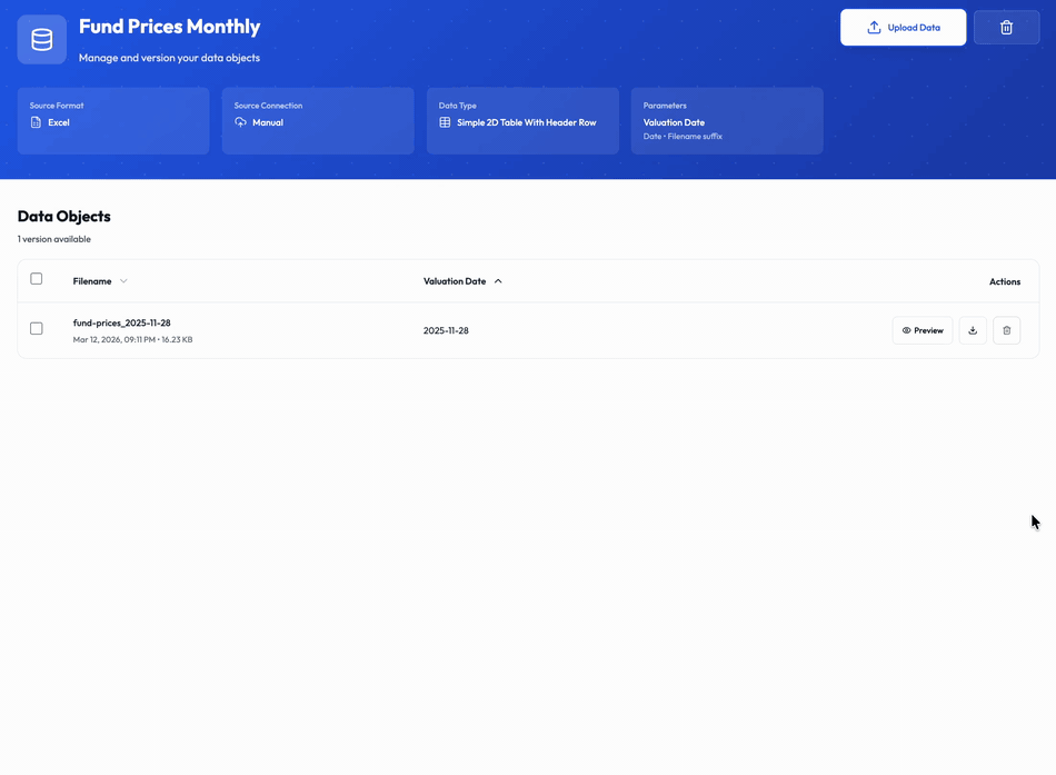Animated screenshot of an Excel file being dragged into a data collection in Octigen. The file is validated and appears as a data object, with the valuation date parameter automatically extracted from its filename.