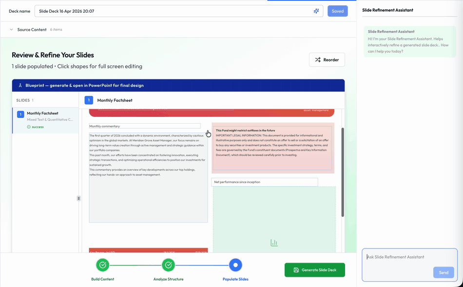Animated screenshot of Octigen producing the final factsheet. The preview shows the populated slide, the Generate button is clicked, a progress indicator runs through each shape, and the deck appears as a 'Ready' card in the Slide Decks list with a Download button.