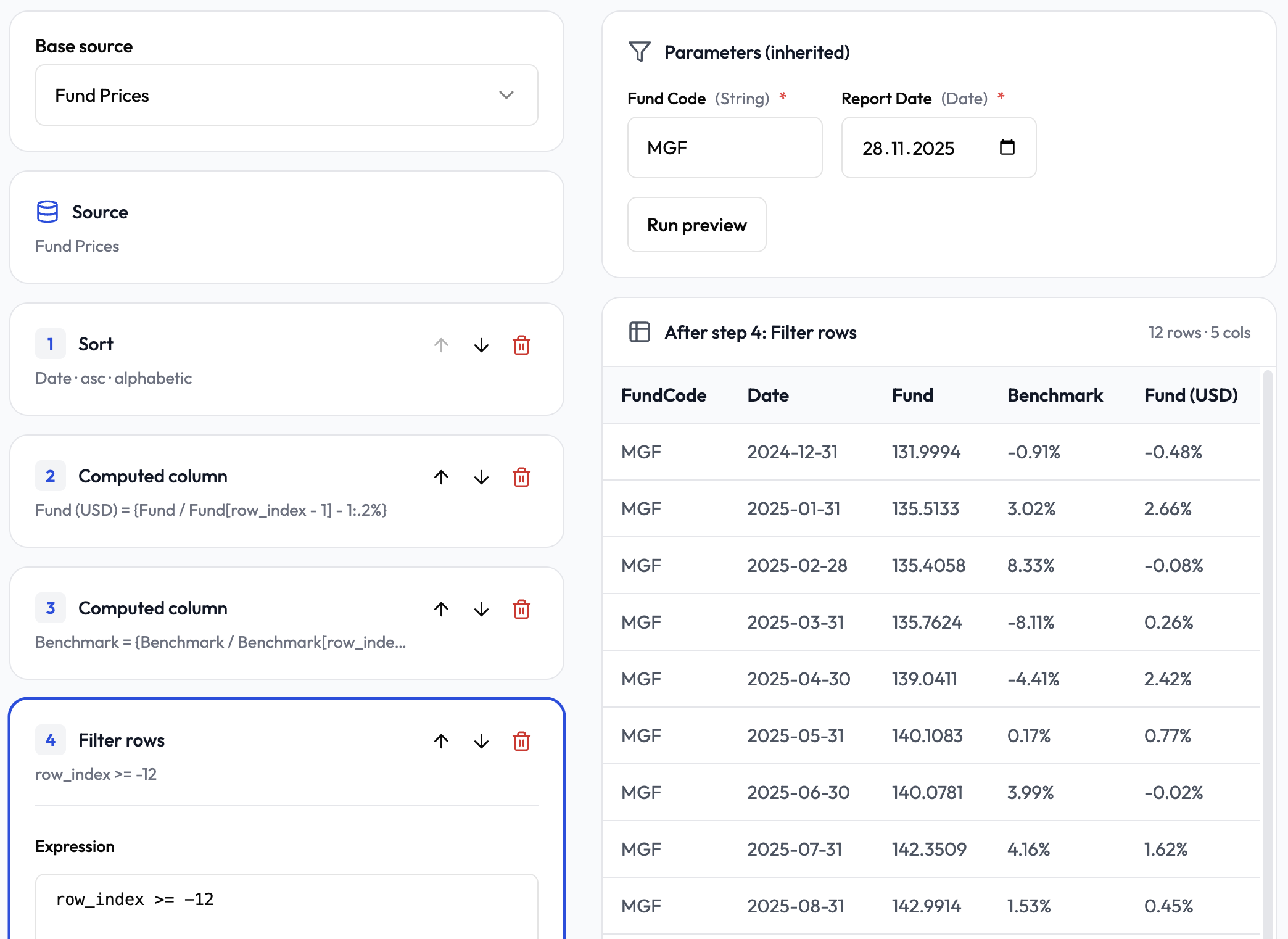 A transformation to construct a 12-month returns table based on raw NAV data